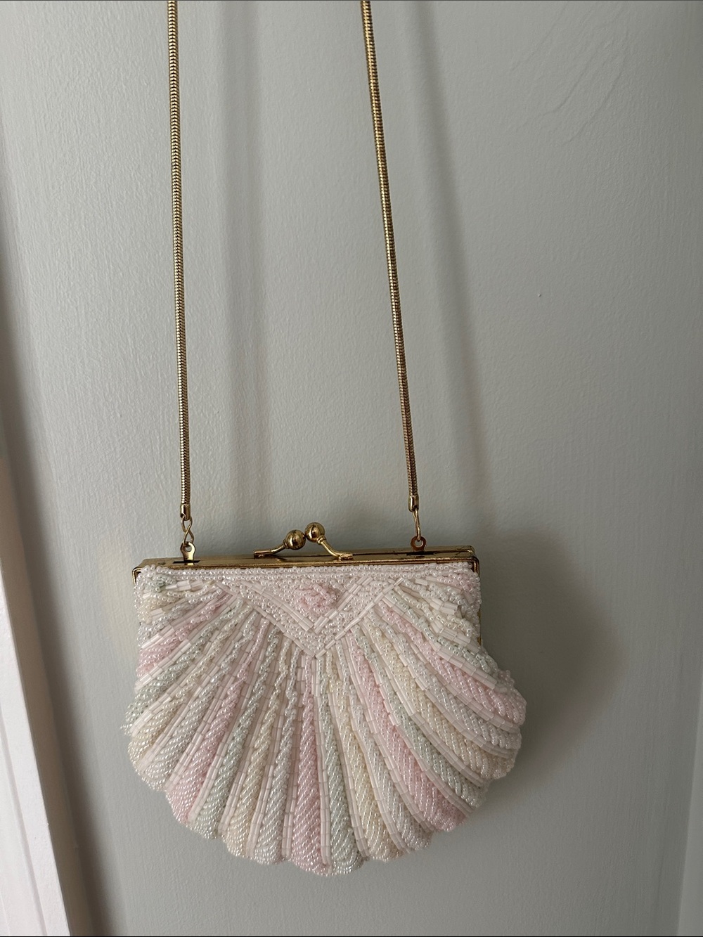 Beaded Pastel Shell Clutch with Gold Chain